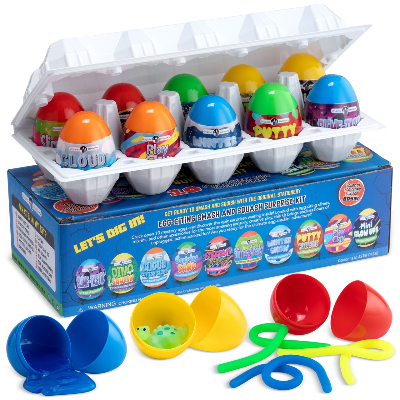 Original Stationery Easter Smash and Squash Surprise Eggs – 10 Pre-Filled Eggs with Slime Shake, Stretchy Strings, Squishy Sand & Dino Toys – Fun Birthday Party Favors for Boys